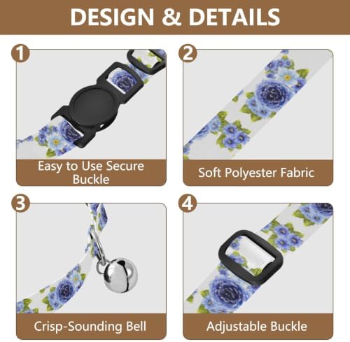 2 Pack Pet Collar Blue Roses Cat Collars with Bell, Adjustable Length 10.6" to 17.1"