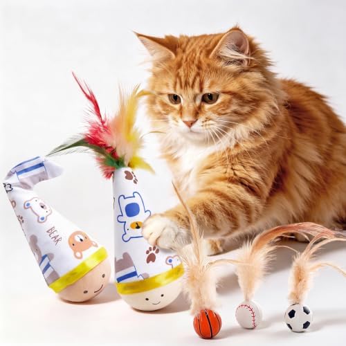 Interactive Cat Wobbler Toy for Indoor Cats Bouncy ball with feather Tails