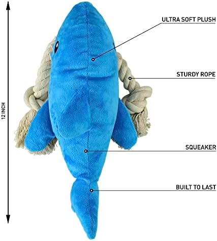 Native Pup Dog Toy Rope and Plush Stuffed Squeaker, Tug of War Toys for Dogs, Puppy Welcome Home Add on for Pets (Shark)
