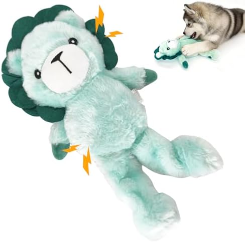 14.37 Inch Green Lion Squeaky Dog Toy, Plush Chew Toy with Bungee Legs for Puppy Teething, Indoor Outdoor Interactive Toy for All Dog Sizes