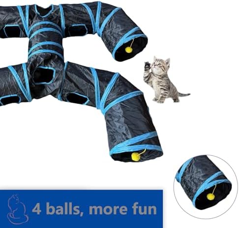 Foldable H-Shaped Cat Tunnel Toy with Interactive Playing Balls - 4 Exits for Cats, Kittens, Rabbits & Small Pets Collapsible Play Tube for Indoor Fun & Exercise (Blue Black)