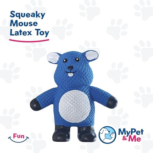 My Pet & Me Rubber Squeaky Dog Toys for Small Dogs and Puppies, Soft Latex Squeak Toy for Light to Moderate Chewers, Teething and Fetch Play with Squeaker (Blue Mouse, 4.3 Inch)