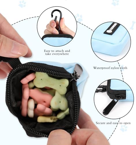 Dog Treat Pouch Pocket Sized Pet Puppy Training Pouch for Dog Training Behavior Aids, Waterproof Nylon Fabric Dog Poop Bag Holder, Hands Free Dog Walking Bag with Metal Carabiner (Blue)