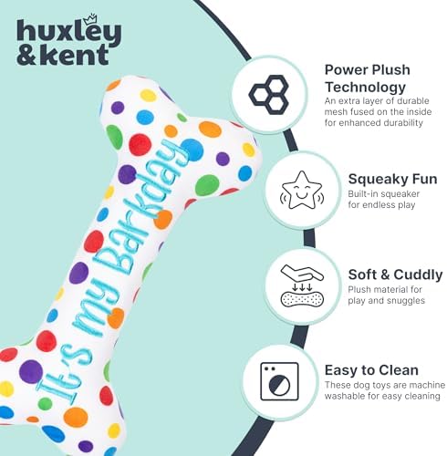 Huxley & Kent Power Plush Squeaky Dog Toy, It's My Barkday Bone, Small