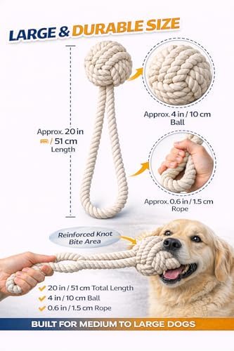 Cotton Dog Rope Toy with Ball – 20" Tug Toy for Medium & Large Dogs, Strong & Durable for Tug-of-War, Outdoor Interactive Play & Teeth Cleaning, White