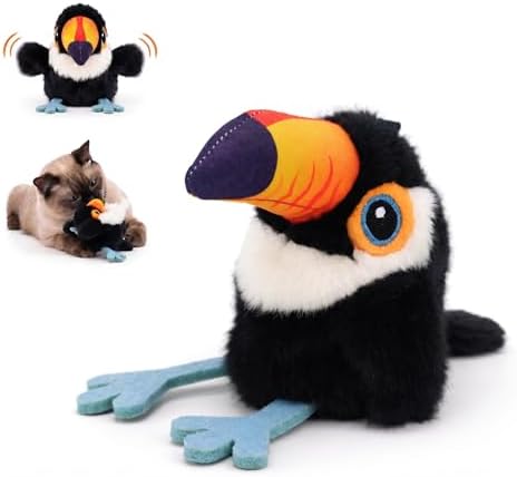 Flapping Bird Cat Toy, Toucan Plush Touch Activated Bird Chirp Cat Toy with Refillable Catnip, USB Rechargeable Interactive Kitten Exercise Toy,4.92"(No Flying)