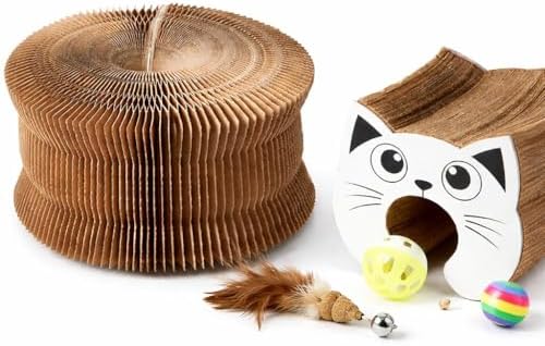 Kitty Kurlzz Cat Toy - Magic Organ Accordion Scratcher with Ball Track, Foldable Honeycomb Cardboard Scratching Board, Reversible Interactive Toy for Indoor Cats - Magic Cat Scratch Board (Cat Face)