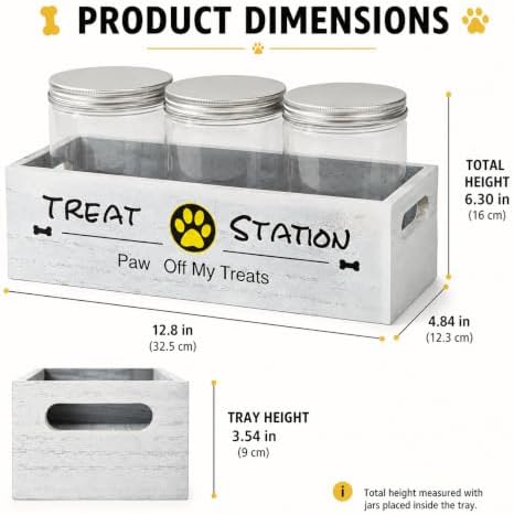 Pet Treat Container with 3 Airtight Jars and Wooden Tray, Labels and Marker