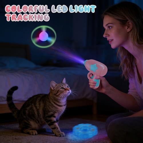 Bamboo Dragonfly Catapult Launcher, Interactive Cat Toy & Outdoor Flying Saucer Blaster, Glowing LED Flying Disc Launcher for Pet Exercise & Night Play, Fun Gift for Cat Lovers & Hobbyists (Pink)