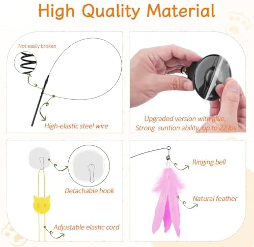 Cat Wand Toy, Interactive Kitten Feather Toys Self Play, Cat Teaser for Indoor Cats Reusable Suction Cup Toys for Indoor Cats Kittens Play Exercise