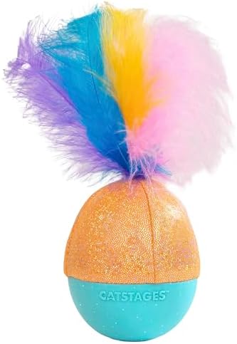 Catstages Whack N' Wobble Ball Intearctive Cat Toy, Weighted Ball with Feathers, Bell, Glitter Fabric & Catnip Oil, Turquoise
