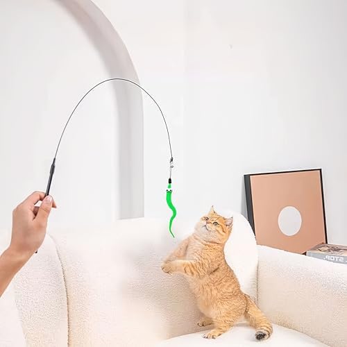 Cat Wand Toy with Fuzzy Worm Lure, Bell, and Flexible Wire