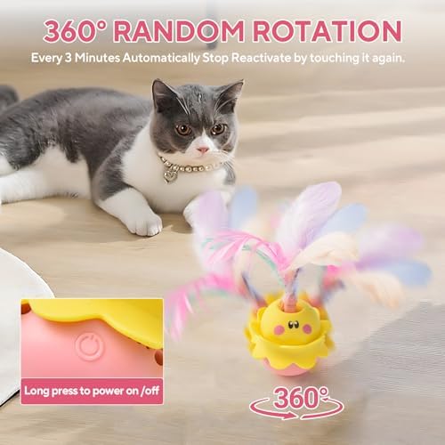 LIFLIX Interactive Automatic Cat Feather Toy, Rotating with LED Light, Rechargeable Electronic Chirping Toys for Indoor Cats, Yellow