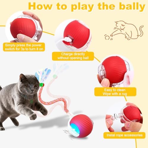 Interactive Cat Toys Ball for Indoor Cats＆Dogs,Automatic Cat Toy 360° Auto-Rotation Smart Obstacle Avoidance,Includes 4 Cat Spiral Spring,Cat Enrichment Toys for Indoor Cats (Red-1)