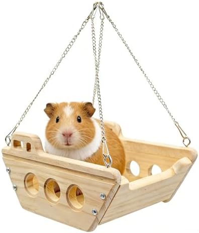Guinea Pig Hammock, Wooden Swing Toys with Metal Chain and Hook for Cage, Interactive Enrichment Toy for Guinea Pig, Chinchilla, Rat, Hamster and Other Small Animals
