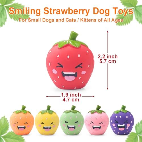 Squeaky Dog Toys Strawberry, Natural Soft Rubber Dog Chew Toys, 2 Inch Interactive Enrichment Fruit Toys for Small Dogs & Puppies of All Teething Stages(6 Pack)