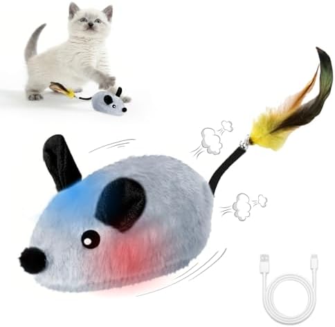 Interactive Mouse Cat Toy, Automatic Moving Fake Rat Mouse Cat Toy, Realistic Rechargeable Dog Mouse Toy with Sound & Feather & Bell, Prank Joke Scary Trick Rats for Cats Dogs