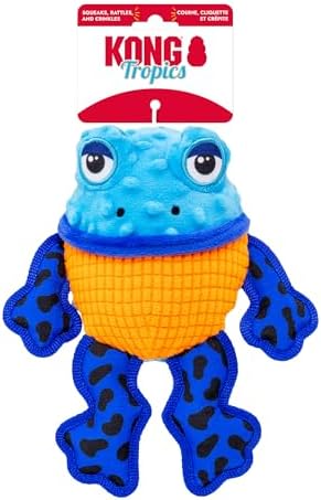 KONG Tropics Rattlez Dog Toy – Durable Plush with Rattle & Crinkle Sounds, Multi-Texture Interactive Enrichment Toy for Dogs (Frog, Medium/Large)