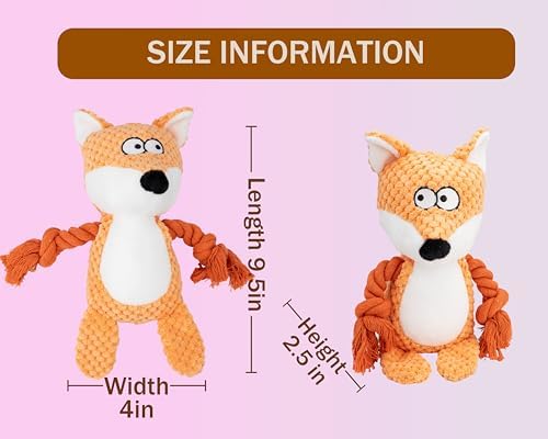 Squeaky Dog Toy Chew Plush Stuffed with Cotton Rope Crinkle Paper Soft Interactive Durable for Small Medium Large Dogs Puppy Pet Orange Fox