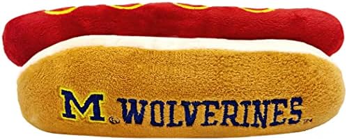 NCAA Michigan Wolverines HOT Dog Plush Dog & CAT Squeak Toy- Cutest HOT-Dog Snack Plush Toy for Dogs & Cats with Inner Squeaker & Beautiful Football/Basketball Team Name/Logo