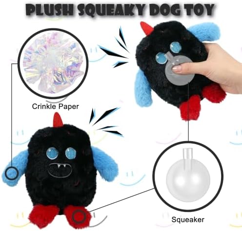 Monster Plush Squeaky Dog Toy Crinkle Dog Chew Toy for Small Medium Large Dogs, Black