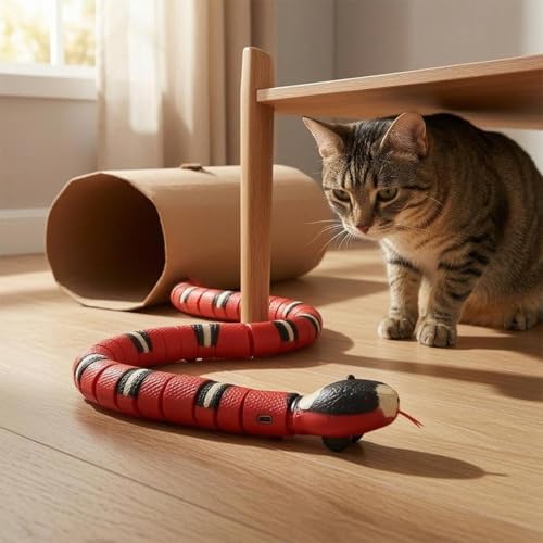 Electric Cat Toy Snake Robot Moving Pet Toy Interactive Snake USB Rechargeable Pet Gadget Realistic Banded Look and Self Steering Suitable for Indoor Play Kitten Training Homes