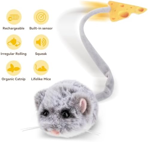 Migipaws Interactive MigiMouse Cat Toy 360° Rolling & Spin with Wiggling Tail for Indoor Cats Smart Motion Sensor, Realistic Squeak, Rechargeable Plush Kitten Toy(Grey Long)