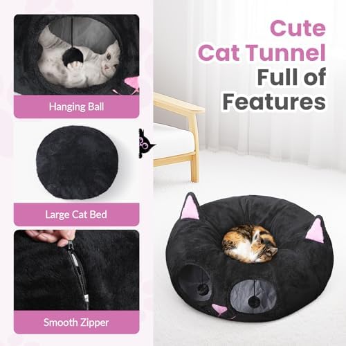 Baseola Fuzzy Cat Tunnel Bed for Indoor Cats, 2-in-1 Interactive Cat Toys