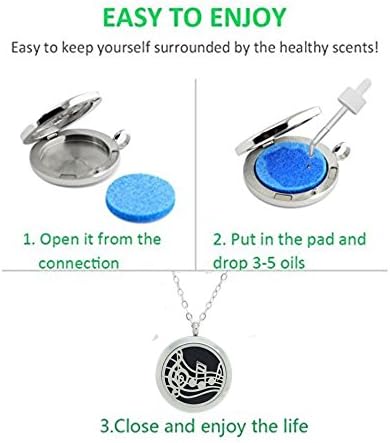 Aromatherapy Essential Oil Diffuser Stainless Steel 30MM Silver Magnetic Locket Pendant with Chain Necklace and Colored Refill Pads & Diffuser Bracelet All in a Velvet Bag (Music)