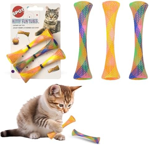SPOT Kitty Fun Tubes Cat Toy with Catnip Inside | Bouncy Interactive Mesh Toy for Cats and Kittens to Bite, Swat and Chase | 3 Pieces