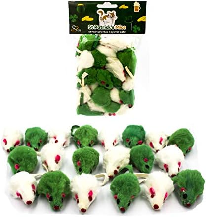 20 St Patrick's Day Irish Festive Holiday Cat Mice Toys with Catnip and Rattle Sound Made of Real Rabbit Fur Interactive Catch Play Mouse Toy for Cat, Pack of 20 Mice