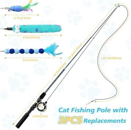 Pawaboo Cat Teaser Wand Toys, Cat Fishing Pole Toy with 3 PCS Feathers