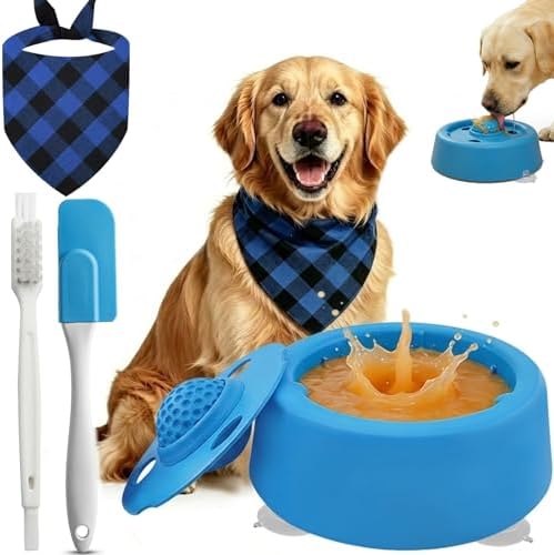 Slow Feeder Dog Bowl with Rolling Ball, Interactive Lick Bowl, Non-Slip, Spatula & Cleaning Brush Set, Anxiety Relief Toy (Light Blue)