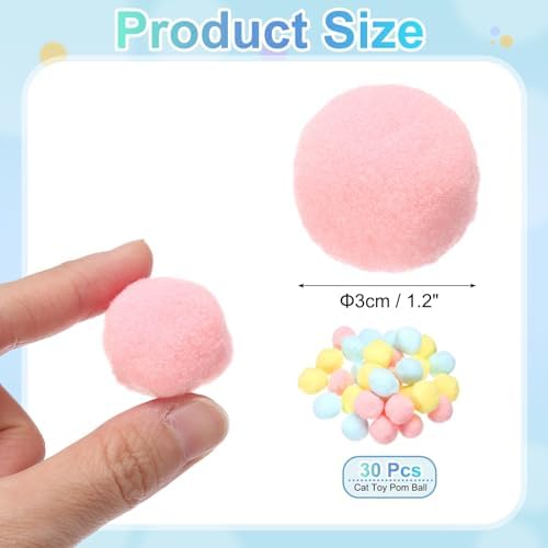 Cat Toy Pom Ball, Interactive Cat Ball Toys Fuzzy Pompoms (Plush, 1.2Inch, 30Pcs, Blue Pink Yellow Tones) for Kittens Pet Enrichment Training Play Indoor