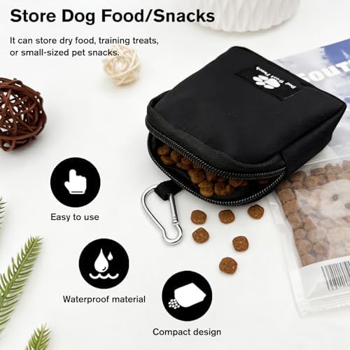 Waterproof Dog Treat Pouch with Built-in Poop Bag Dispenser, Large Capacity Dog Training Bag with Adjustable Shoulder Strap (Black)