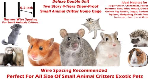 Two Full Story Deluxe Double Unit 4-Tier Chew-Proof Tight 1/2-Inch Bar Spacing Double Durable Front Doors Feisty Ferret Hammock Squirrel Chinchilla Rat Hamster Gerbil Small Animal Critter Rolling Cage