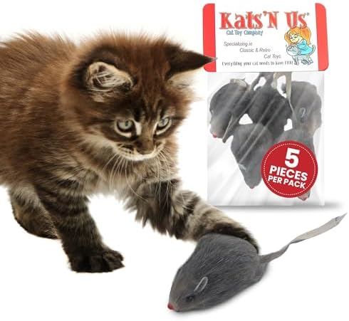 Kats'N Us 2 Inch Real Rabbit Fur Non-Rattle Mouse Cat Toys (5, Gray)