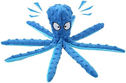 WishLotus Octopus Dog Squeaky Toy - No Stuffing, Plush, Crinkle Paper in Legs, Corduroy Interactive Play & Teething Toy for Small, Medium Dogs (Blue)