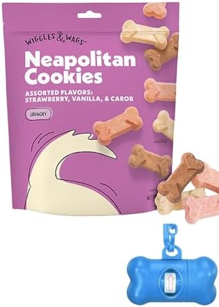 Wiggles & Wags Neapolitan Dog Cookies, Strawberry, Vanilla & Carob Flavors, 14 oz with DN Essentials Bone Shaped Waste Bag Dispenser & Roll