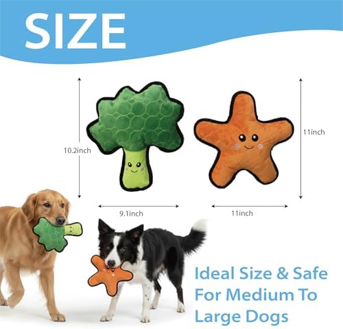 Durable Plush Dog Toys, 2 Pack Pet Squeaky Chew Toys, Double Layer Reinforced Interactive Pet Toys for Aggressive Chewers, Tough Toys for Medium and Large Dogs (Orange Starfish+Green Broccoli)