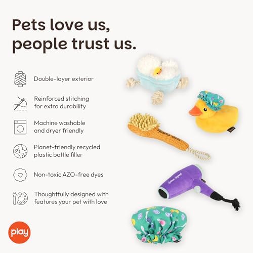P.L.A.Y. Cute Plush Dog Toys - Splish Splash Bathtime Themed Durable Squeaker Toys, Great for Puppies & Small, Medium, Large Dogs - Machine Washable, Recycled Materials (5 Piece Set)
