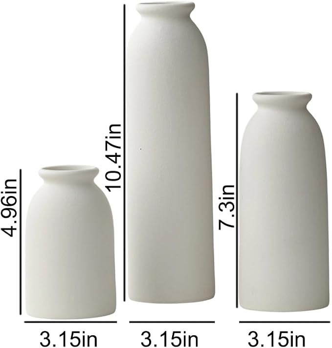 10.6 inches Tall Decorative Ceramic Vase Set, 3 Pieces, Nordic Modern Boho Style, White, for Home Decor (L White)