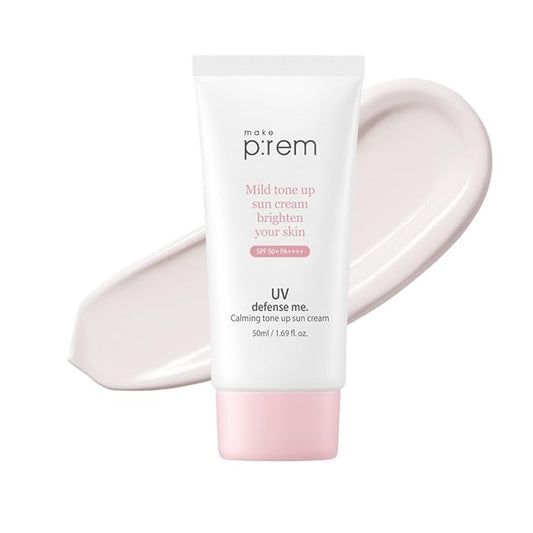 MAKE P:REM UV Defense Me. Calming Tone Up Sunscreen, Non-Nano Zinc Oxide, Reef Safe, Chemical Free, Non-Greasy, SPF 50, Korean Sunscreen,1.69 fl. oz. (50ml)