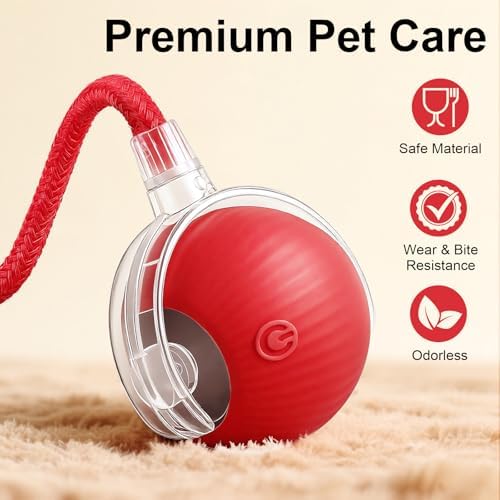Interactive Automatic Rolling Chase Indoor Cat and Dog Ball Toy | 3 Different Rope Tails Smart Electric Moving Stimulating Rechargeable Self Play Teaser for Boredom Pet, with Rope