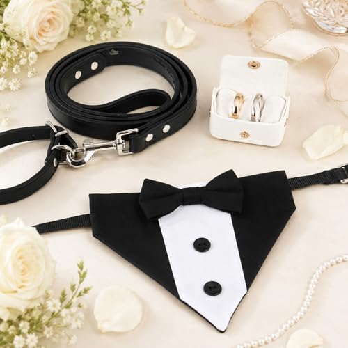 4PCS Dog Wedding Collar Outfit with Dog Tuxedo Leash Collar Ring Bearer Box, Dog Wedding Costume Ring Holder for Medium Large Dogs