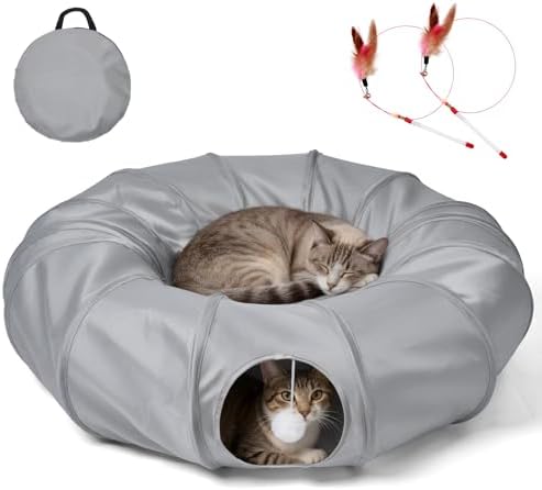 Cat Tunnel Bed with 2Pcs Interactive Toys, 3-in-1 DIY Collapsible Plush Cat Tube with Washable Mat, Large Indoor Play Tunnel Cave for Kittens and Small Animals