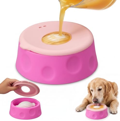 Dog Lick Bowl Ball Slow Feeder, Licking Bowl for Liquid Treat with Rolling Spin Sphere Roller Licker, Licky Feed Calming Anxiety Relief Enrichment Yogurt (Pink)