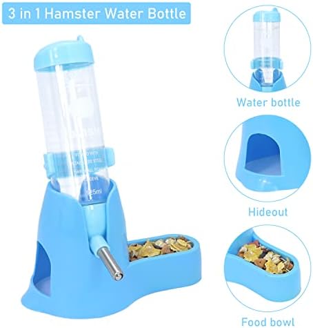 3 in 1 Hamster Hanging Water Bottle Pet Auto Dispenser with Base for Dwarf Hamster Mouse Rat Hedgehog (125ML, Blue) (Pack of 2)