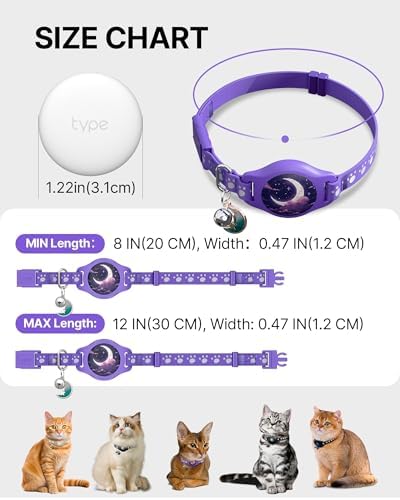 Cat Tracker Collar - Waterproof Airtag Cat Collar with Finder Tag, Purple | Compatible with Apple Find My (iOS ONLY), Breakaway Tractive Design with Reflective Pattern & Bell (Not for Android Devices)