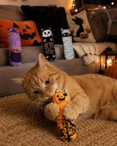 PET SHOW 4 Pack Halloween Cat Kicker Toys with Catnip Crinkle Sound Toys for Cats Random Assorsted Ghost Pumpkin Plush Kittens Shaped Natural Interactive Toys Indoor Pet Cats Chew Stick